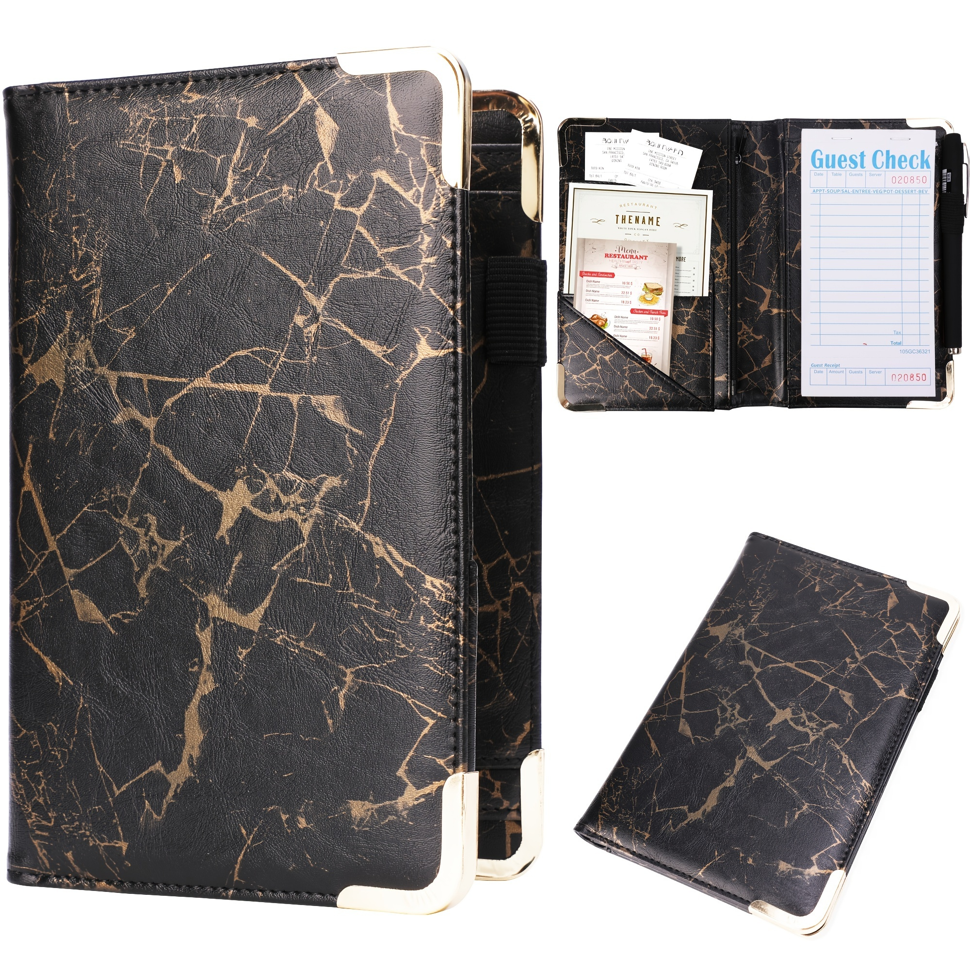 Waitress Server Book Wallet Organizer - Black -Bundled with Wine Opener - Waiter Pad for Restaurant Waitstaff - Fits Apron and Holds Receipts Money