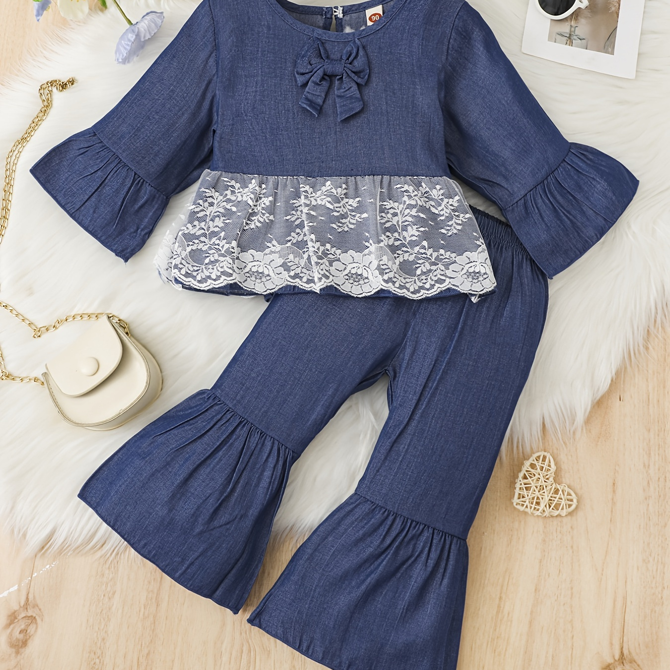 

Girls Denim Lace Long Sleeves Top & Flared Pants Set, Coquette Style
