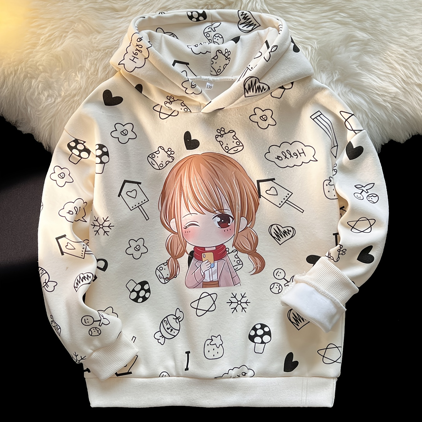 Girls hoodie cartoon little girls print long sleeve plush warm pullover