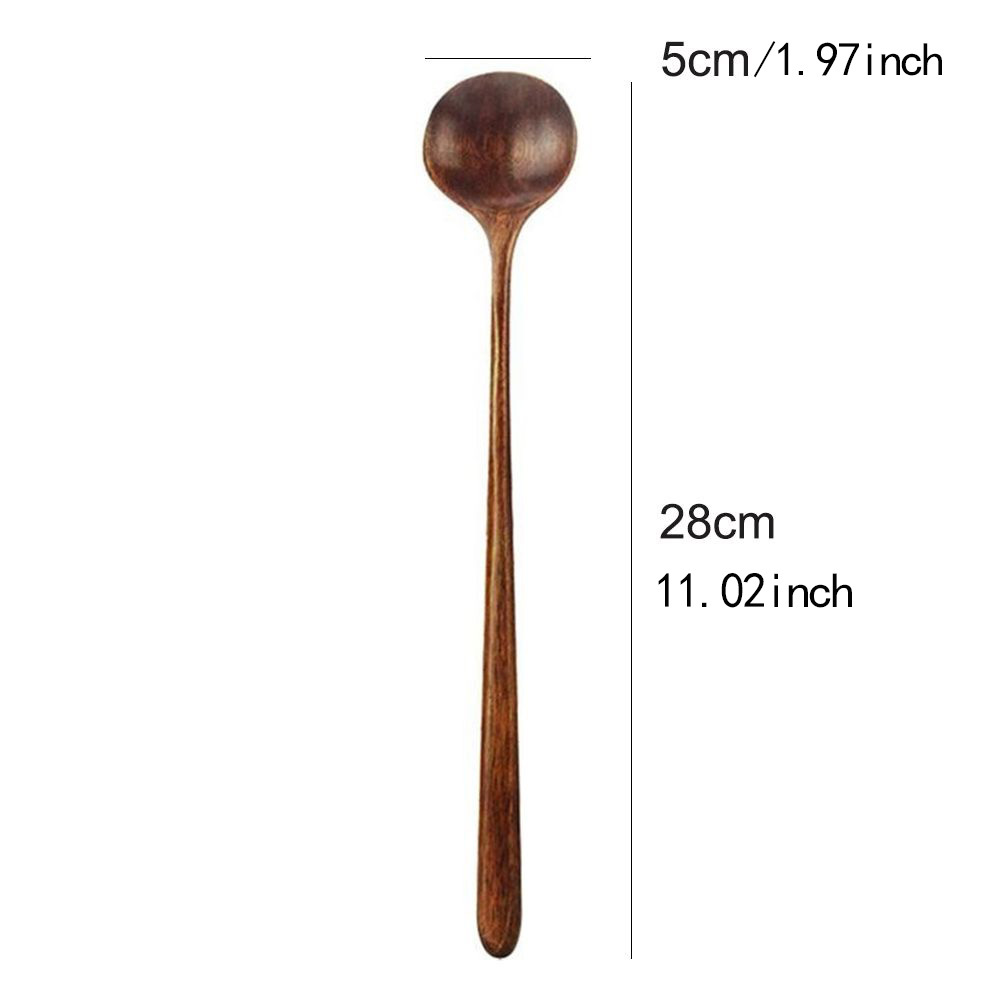 Korean Style 10.9 Inches Tableware Long Handle Natural Wood Round Soup  Spoon Kitchen Utensil Spoons Cooking Supplies