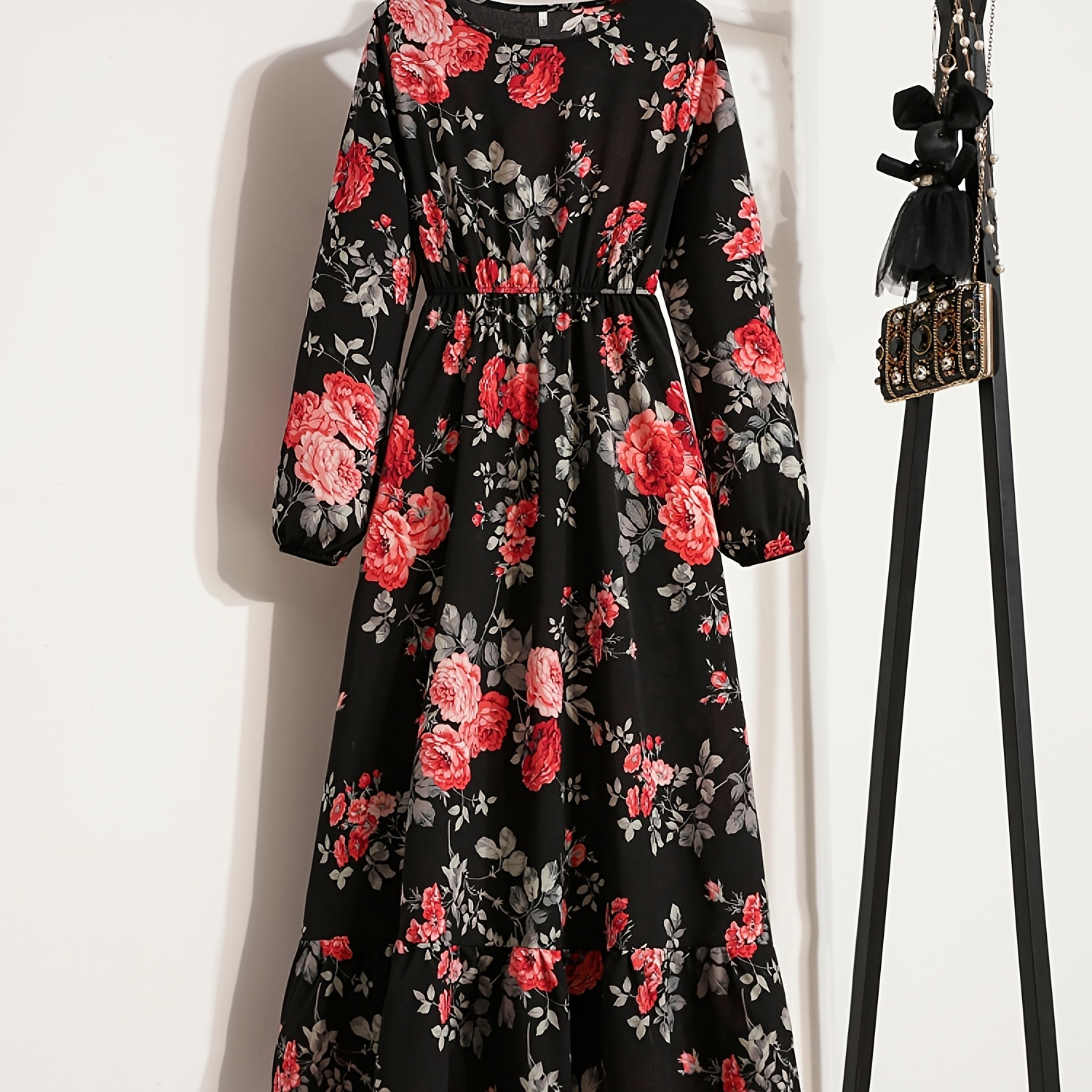 

Floral Retro Tunic Round Neck Dress, Long Sleeve High Waist Maxi Party Dress, Women's Clothing