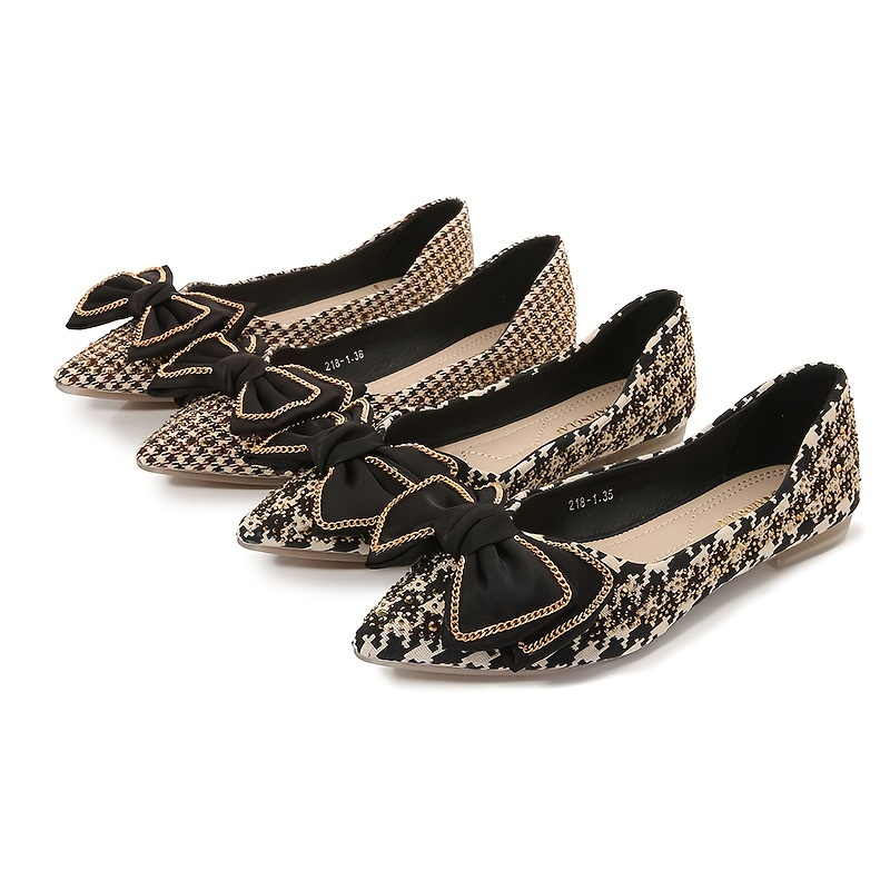 Women's All-match Bow Decor Houndstooth Pattern Point Toe Soft Bottom Flats