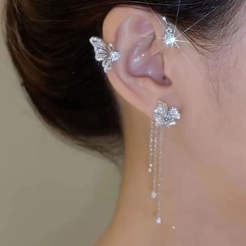 Butterfly Stud Earrings with Hollow Chain Set