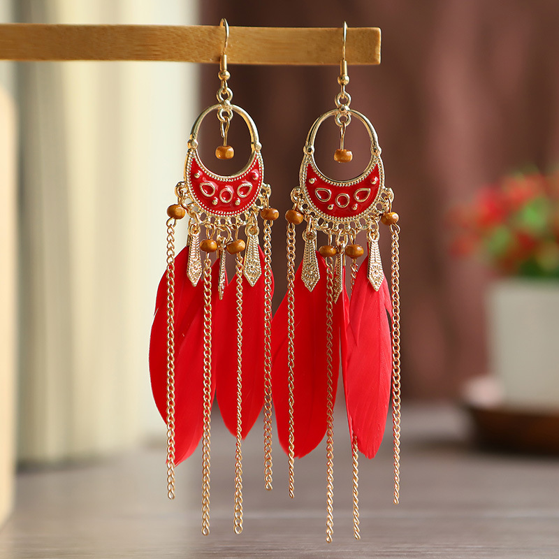 White Long Tassel Feather Earrings Female Bohemian Personality Rice ...