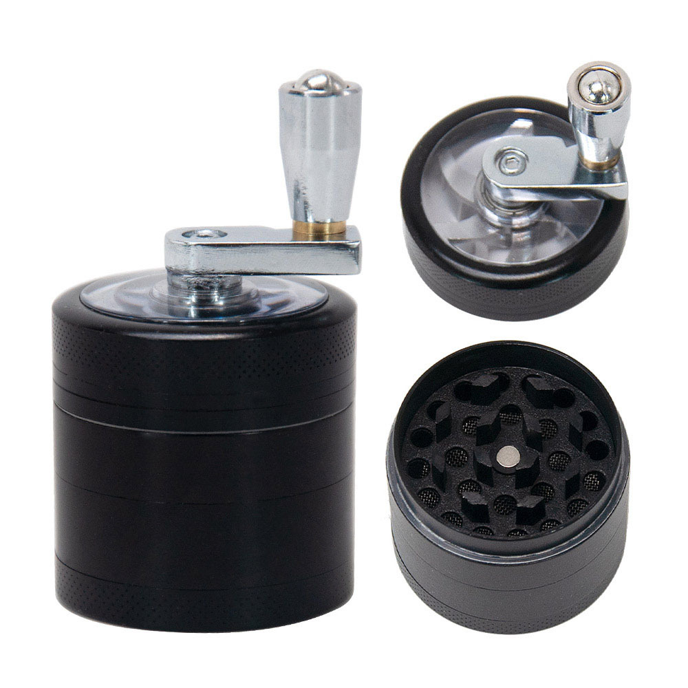 Black 4-layer Zinc Alloy Herb Crusher Grinder With Mill Handle