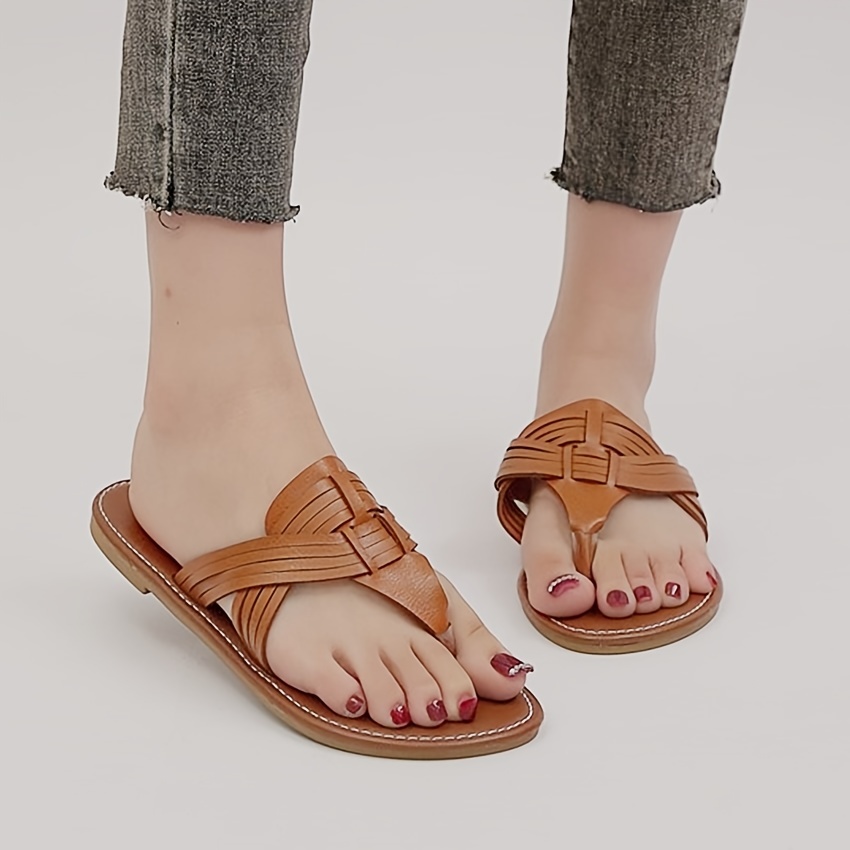 Women's Woven Flat Flip Flops, Open Toe Faux Leather Fashion Slides, Casual  Summer Beach Slide Shoes
