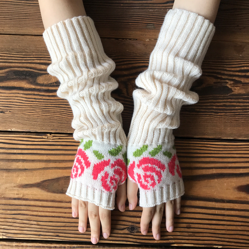 Vintage Fingerless Gloves For Women Butterfly Flowers Embroidery Knitting  Half Finger Gloves Autumn Winter Thumb Hole Arm Warmers 