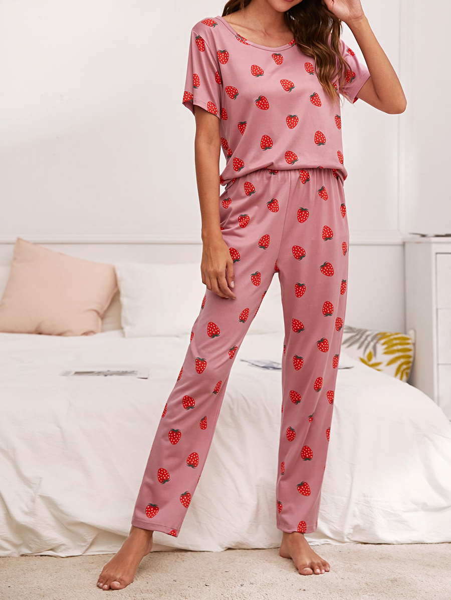 Cute Fruit Pattern Pajamas Short Sleeve Pajama Top Pants Temu