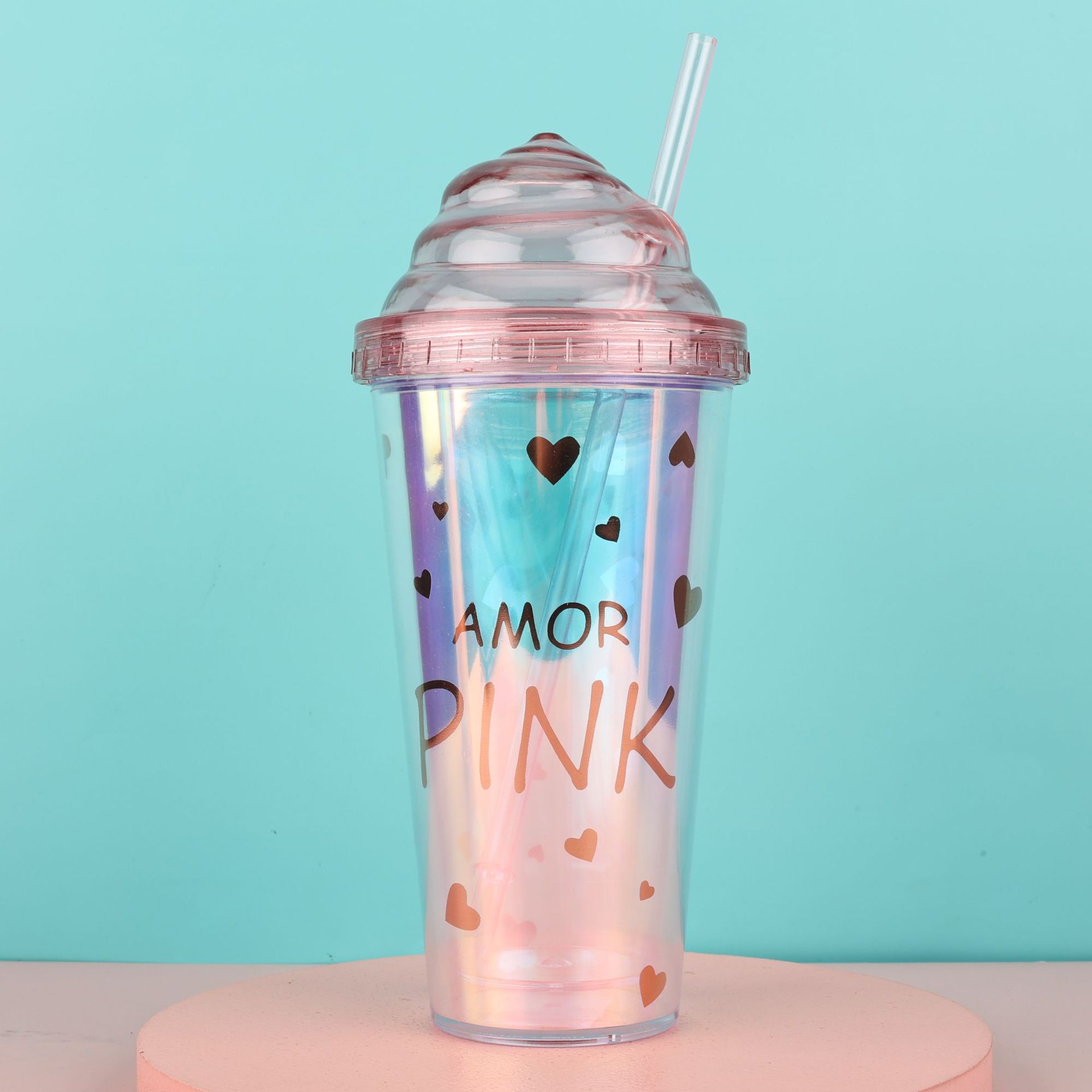 20oz Milk Tumbler with Dome Lids Double Wall Plastic Drink Cups With Straw  Reusable Clear Water Bottle Transparent Fruit Cup