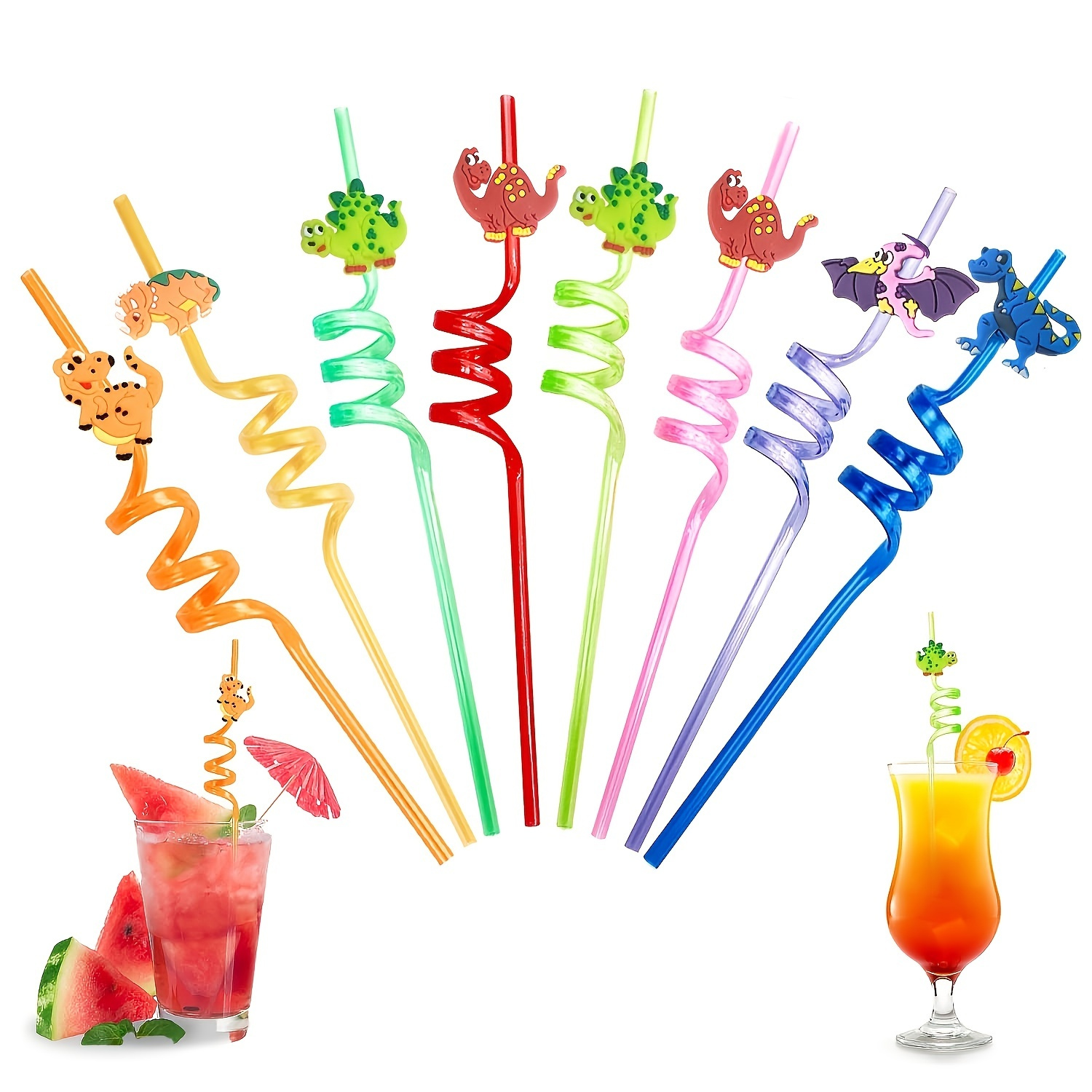 10pcs Reusable Drinking Straws Novelty Dinosaur Party Straws Curly Hard  Plastic Straws Kids Birthday Party Decorations