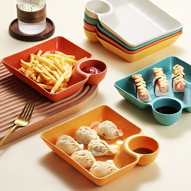 1/4pcs, Dumpling Plate With Sauce Dish, Potato, Water, Dumplings, Plate With Vinegar, Dinner Plate, Household Creative Square Serving Plate With Vinegar Saucer, Snack Platter, Sushi Dish, Fruit Plate, Dessert Tray, Dipping Saucer, Kitchen Supplies