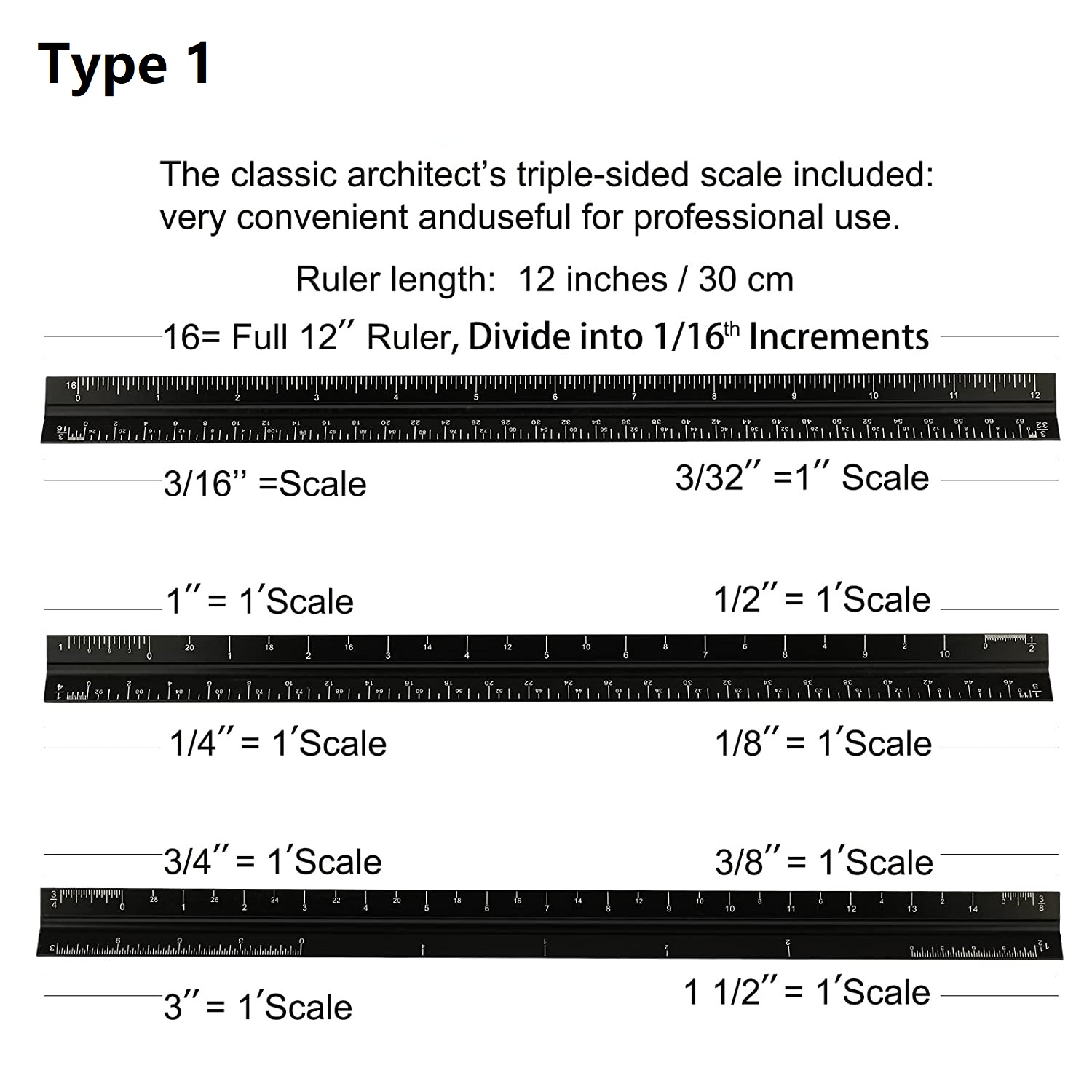 Architect Scale Ruler 12 Laser Etched Triangle Drafting Ruler(Black) and 2  PCS Stainless Steel Ruler Set with Inch and Metric Graduation, 12 Inch and