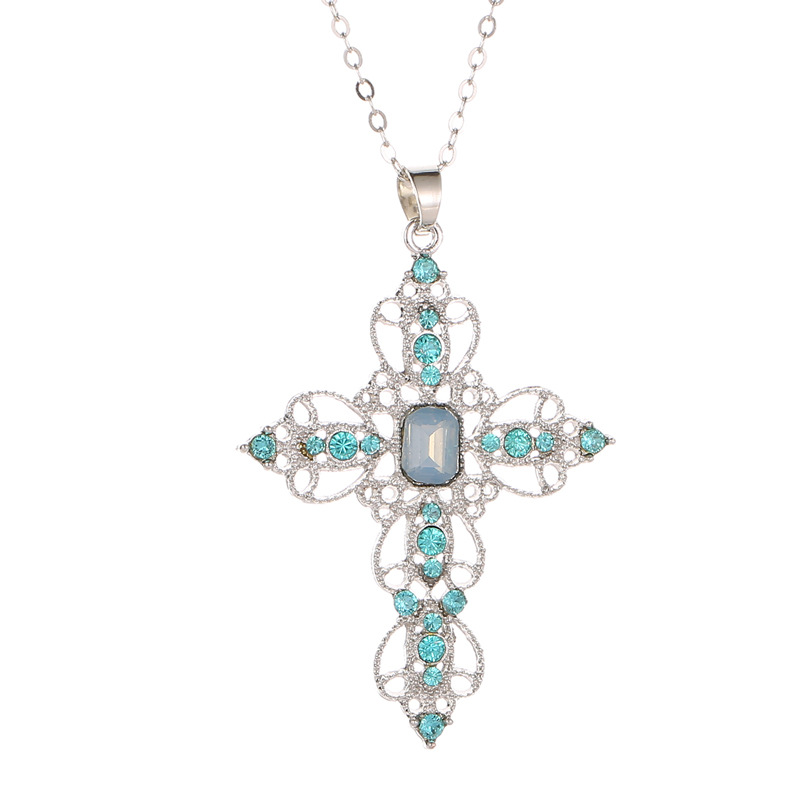 boho style cross necklace inlaid synthetic gems adjustable neck jewelry decor for women blue gem 7