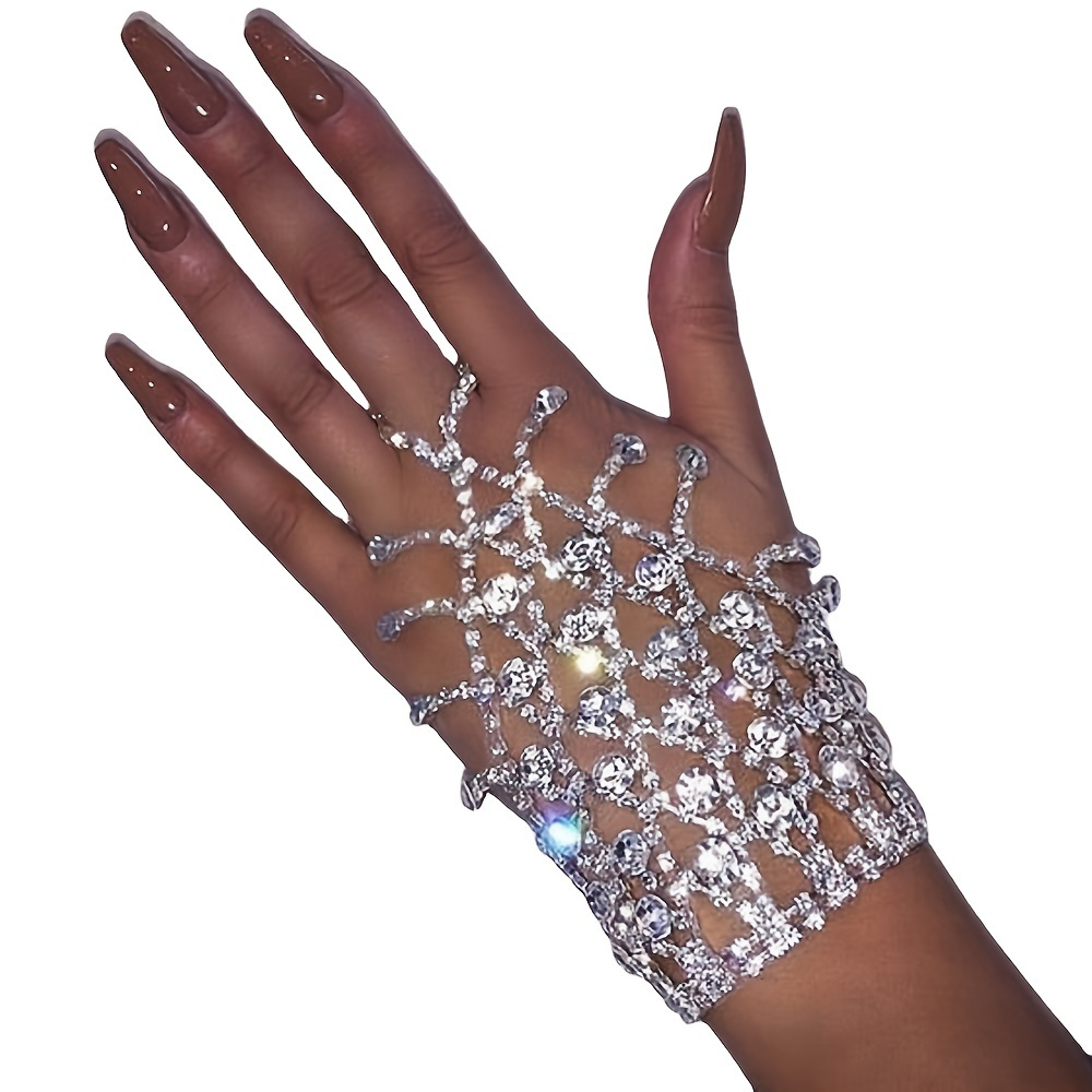 

Rhinestone Bracelet Ring Full Of Shiny Synthetic Gemstones Crystal Hand Chain Bangle Finger Ring Bracelet Hand Accessories For Women And Girls