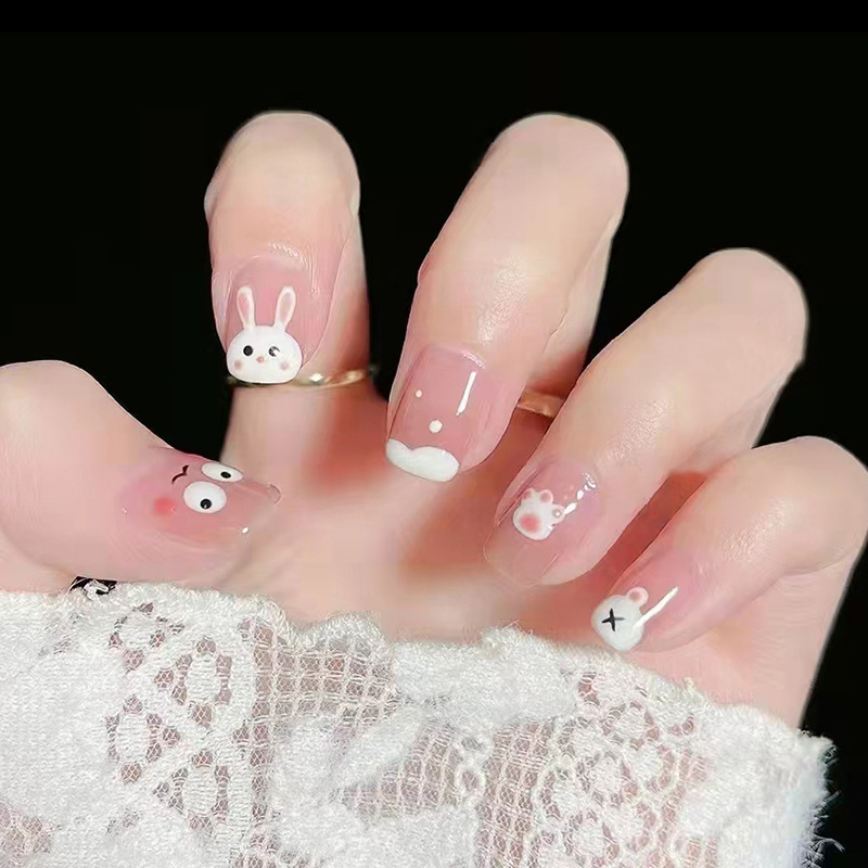 24pcs Cute White Rabbit Square Nail Tips Wearable Nails