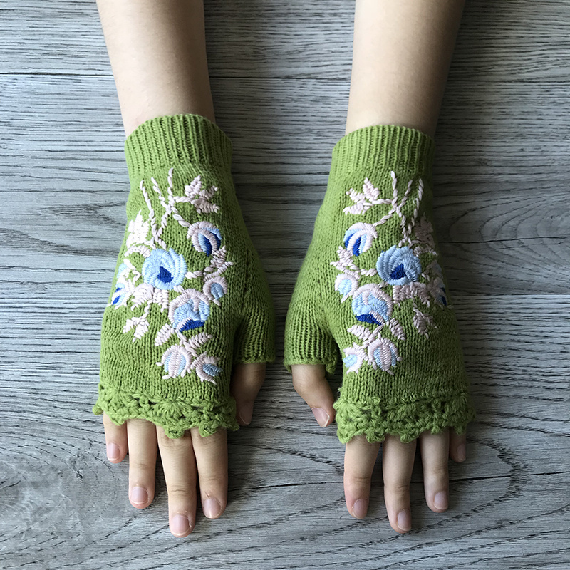 Women's Crochet wool fingerless gloves Green knit arm warmers