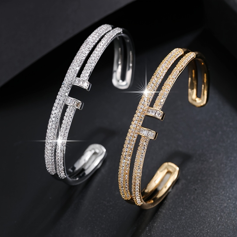 

Shiny Open Cuff Bangle With Full Of Sparkly Zircon Bracelet Adjustable Luxury Jewelry For Women Banquet Clothing Decor