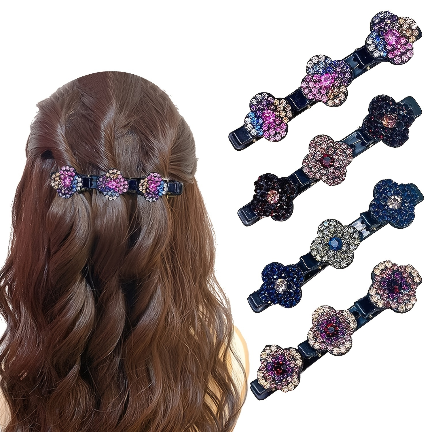 

4pcs Satin Fabric Clover Sparkling Crystal Hair Clips Hairpins Braided Clip Rhinestones Duck Billed Clip For Women Girls