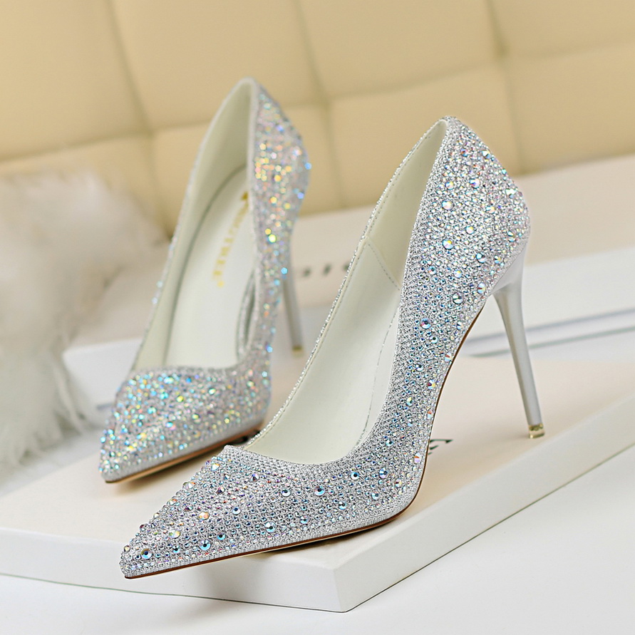 Glitter Rhinestone Wedding Shoes Pointed Toe Stiletto Heeled Pumps