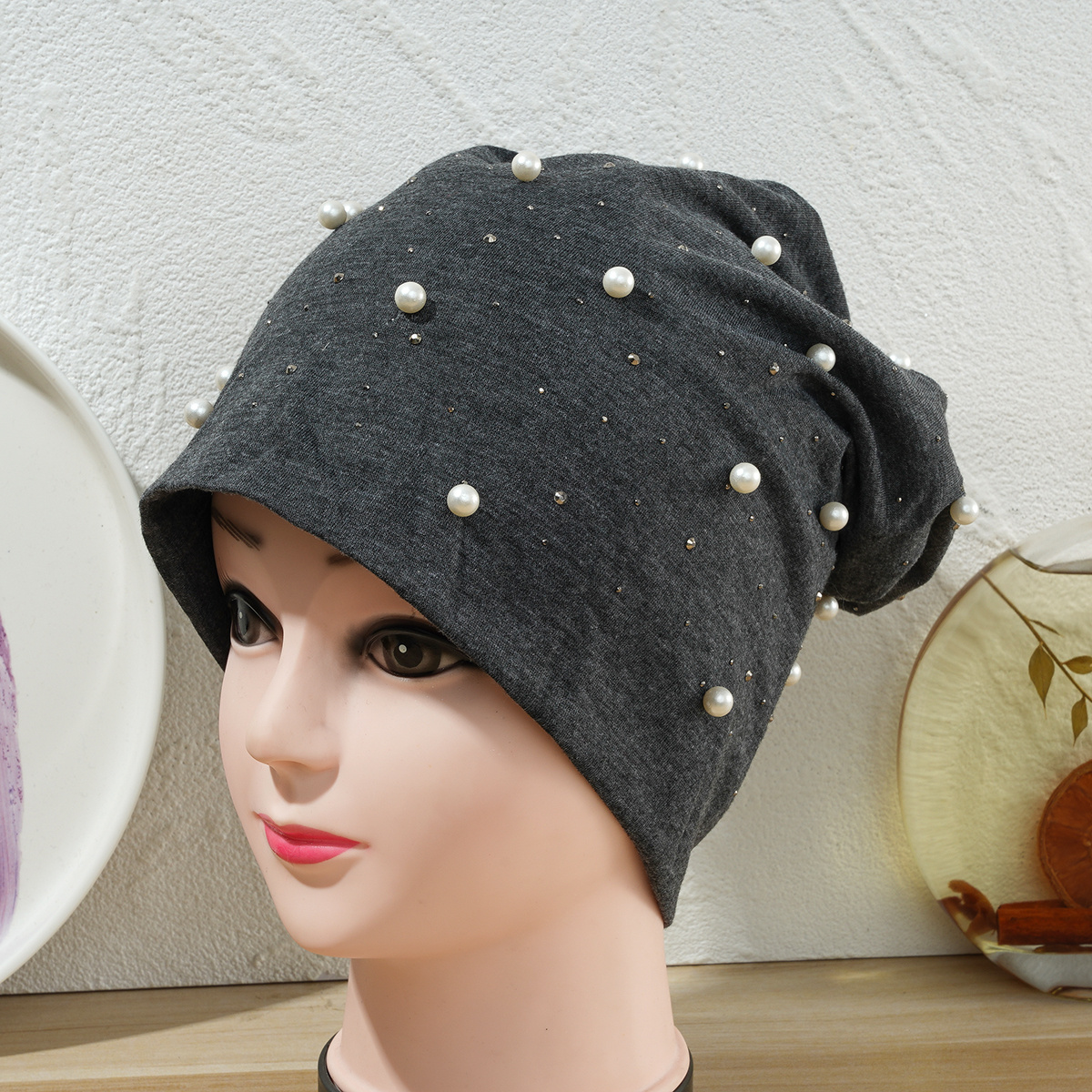 Oversized Faux Fur Beanie With Pom Elegant Faux Pearl Decor Ear