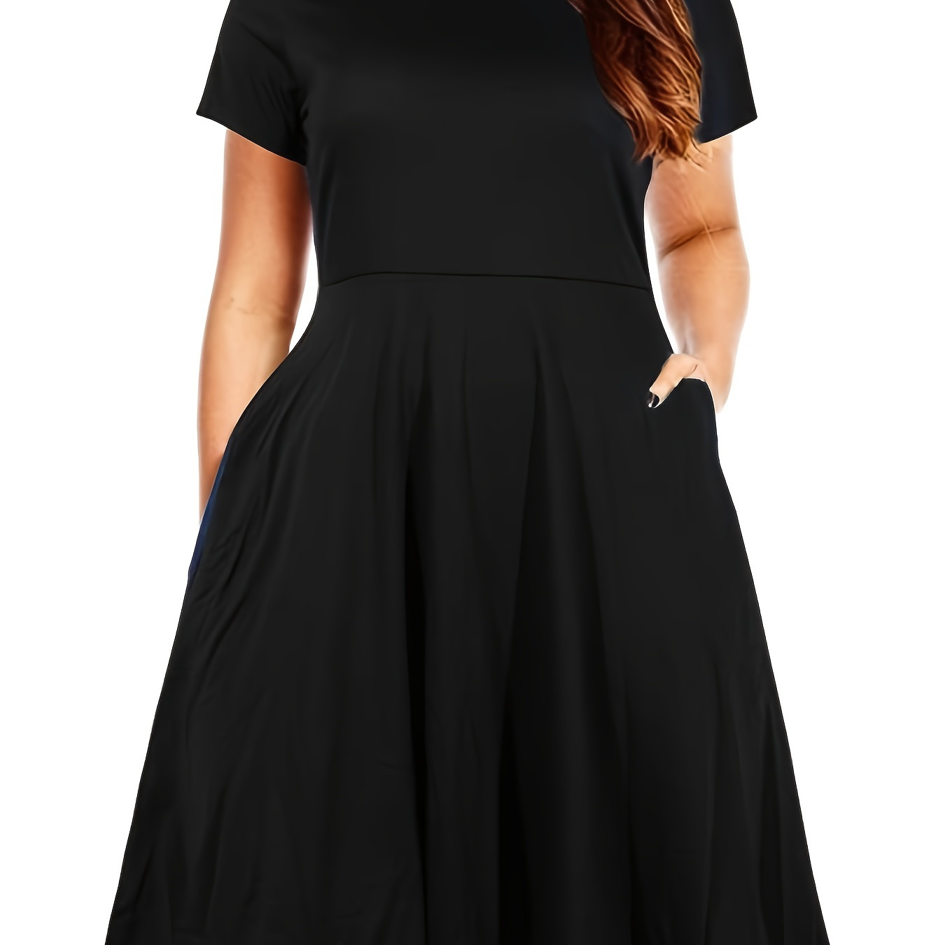 

Plus Size Solid Short Sleeve Midi Dress With Pocket, Women's Plus Medium Stretch Fashion Midi Dress