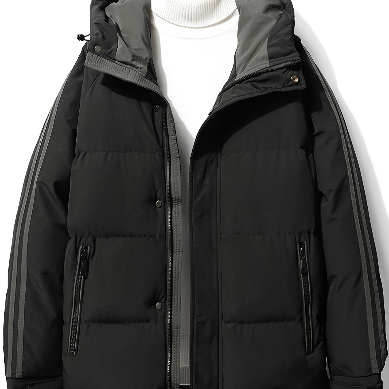 Plus Size Men's Hooded Puffer Coat With Drawstring, Winter Thermal Jacket Tops For Big And Tall Guys