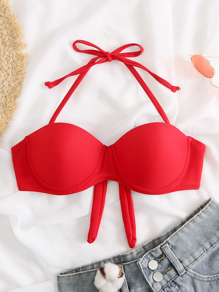 Tube Top Bikini Sets, Bandeau Underwire Push Up Halter Neck Bow Tie Back  Solid Color High Cut 2 Pieces Swimsuit, Women's Swimwear & Clothing