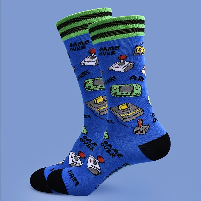 

1pair Men's "gaming" Cartoon Printed Crew Socks, Breathable Soft Athletic Sport Socks