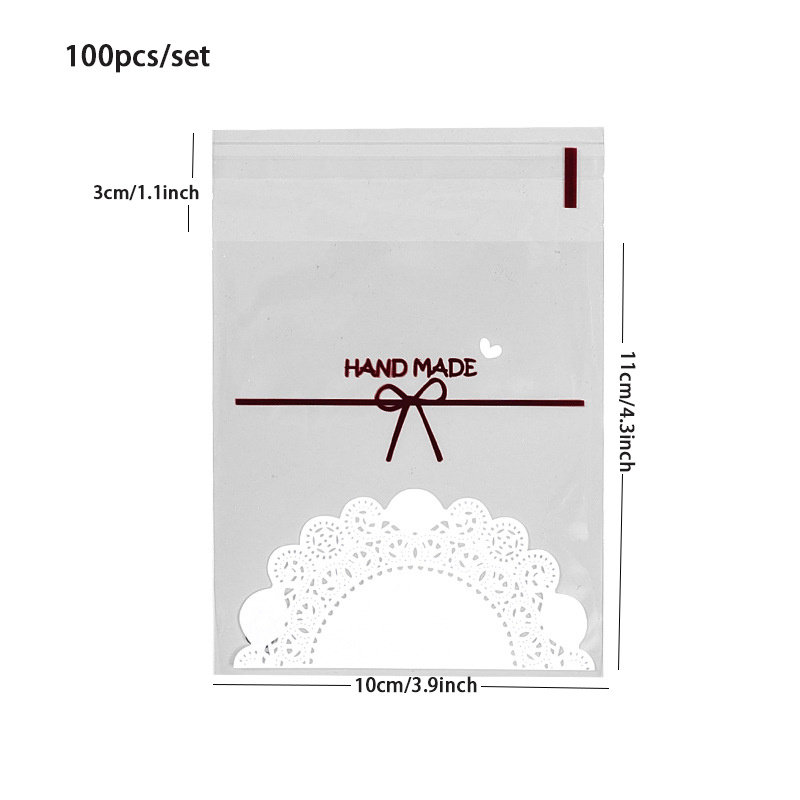 100pcs elegant lace bow print self   treat bags transparent white     candy   safe plastic ideal for weddings gifts baking packaging details 1