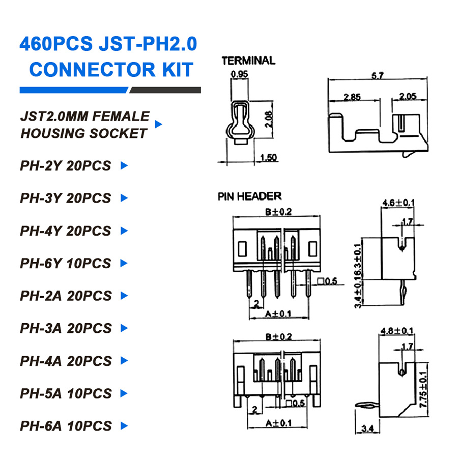 HUAZIZ 50 Set di Connettori JST 2.0 Ph 4 pin, 50 Pezzi mini Connettore JSt  Ph2.