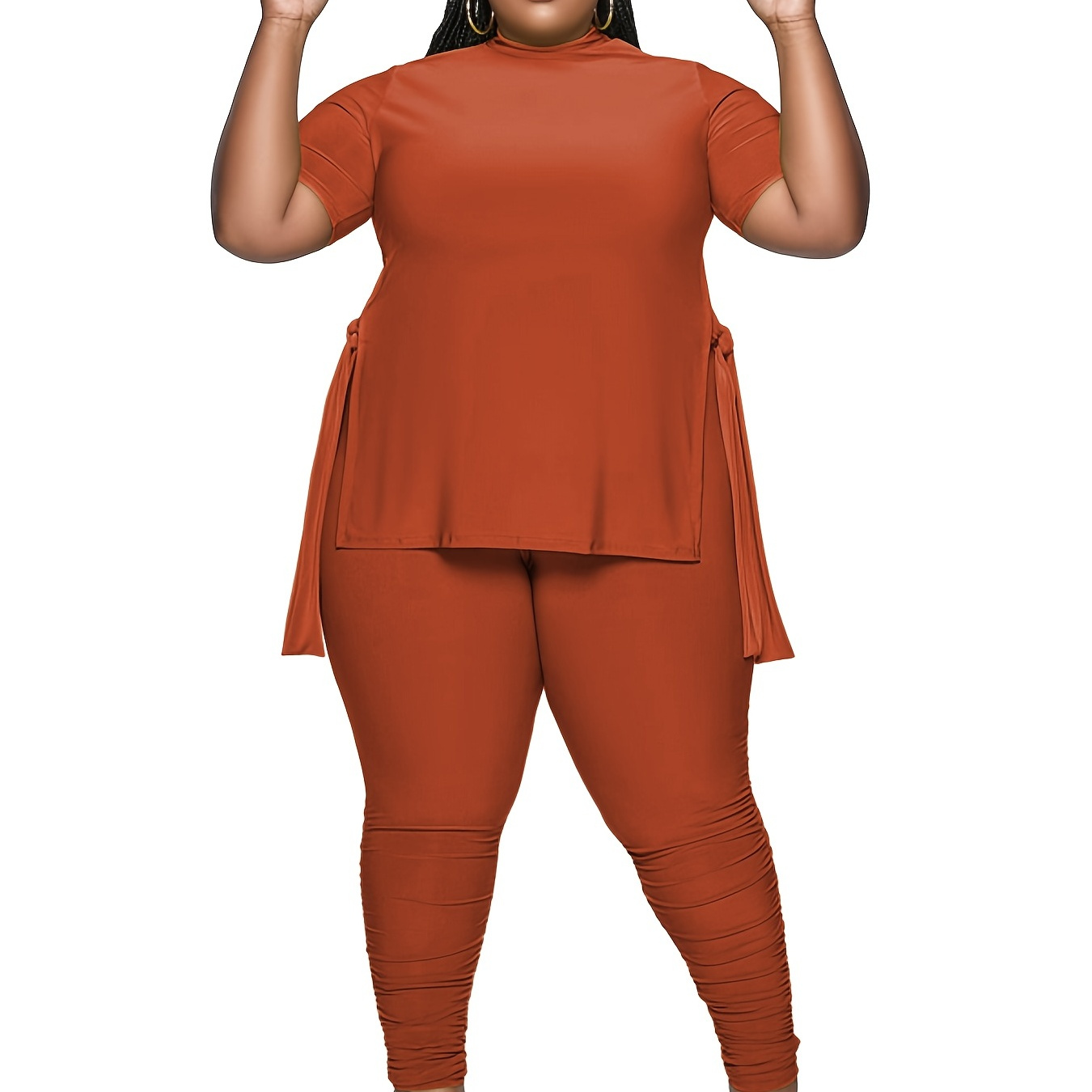 Plus Size Solid Slit High Neck Short Sleeve Tops Pants Set - Temu