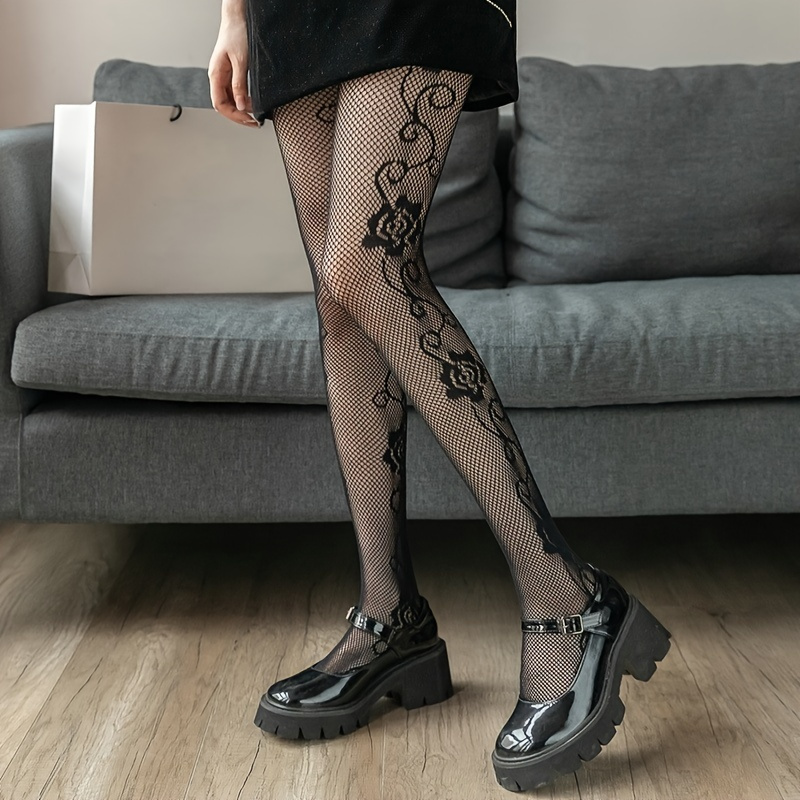 Floral Print Tights Retro Style Slimming Mesh Footed - Temu