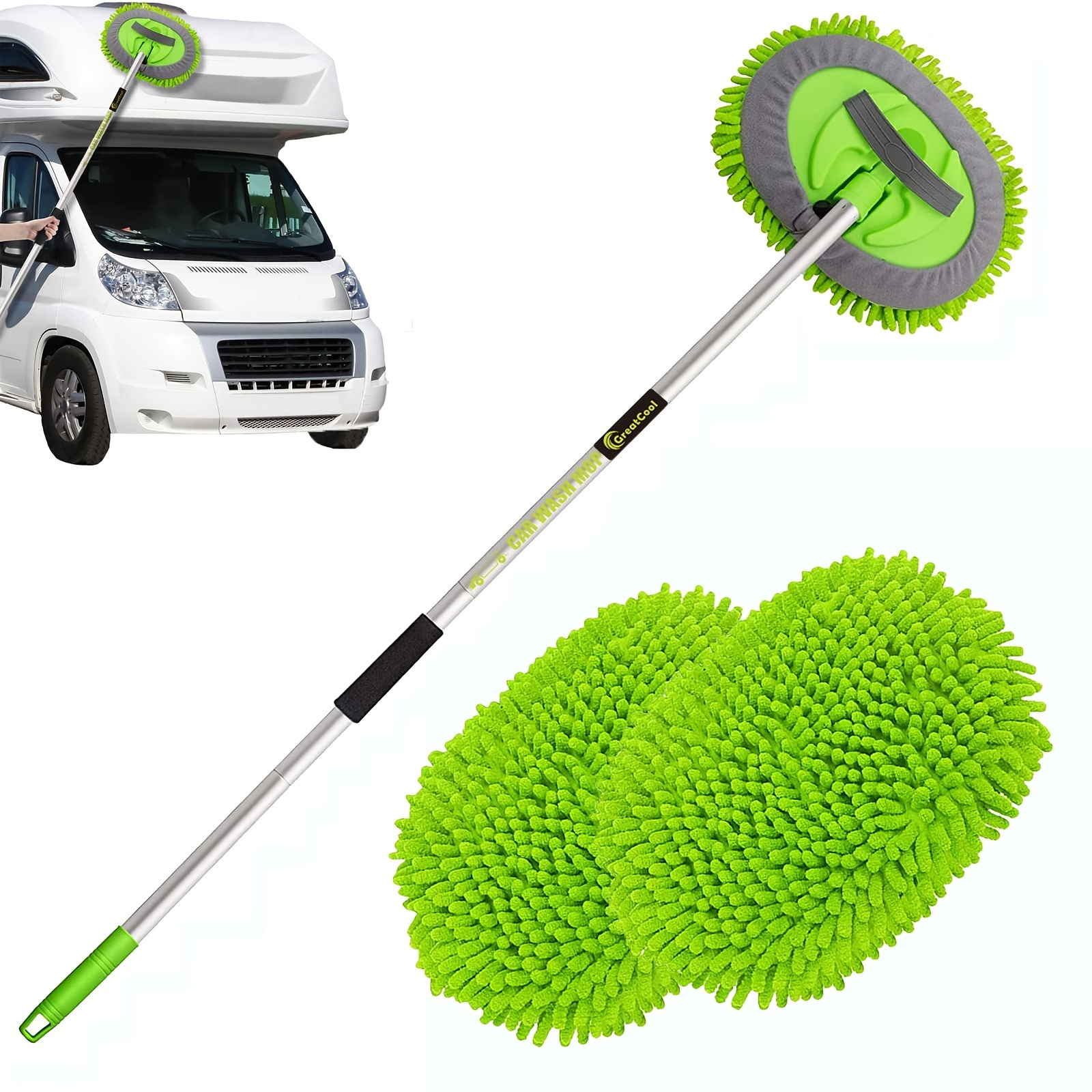 

62" Car Wash Brush Kit With Long Handle, Scratch Free Mop Cleaning Mitt Suitable For Washing Cars Truck Suv Rv Caravans And Household (2 X Mop Head)