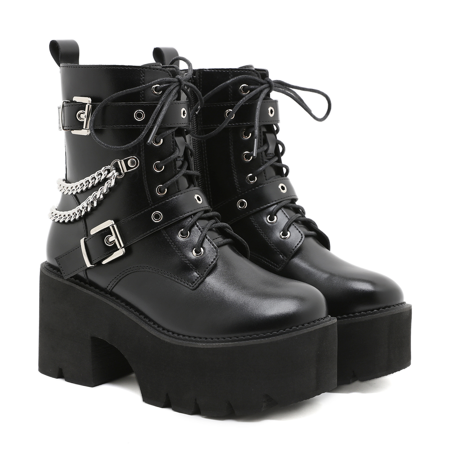 Women's Punk Style Platform Ankle Boots Black Metal Buckle - Temu