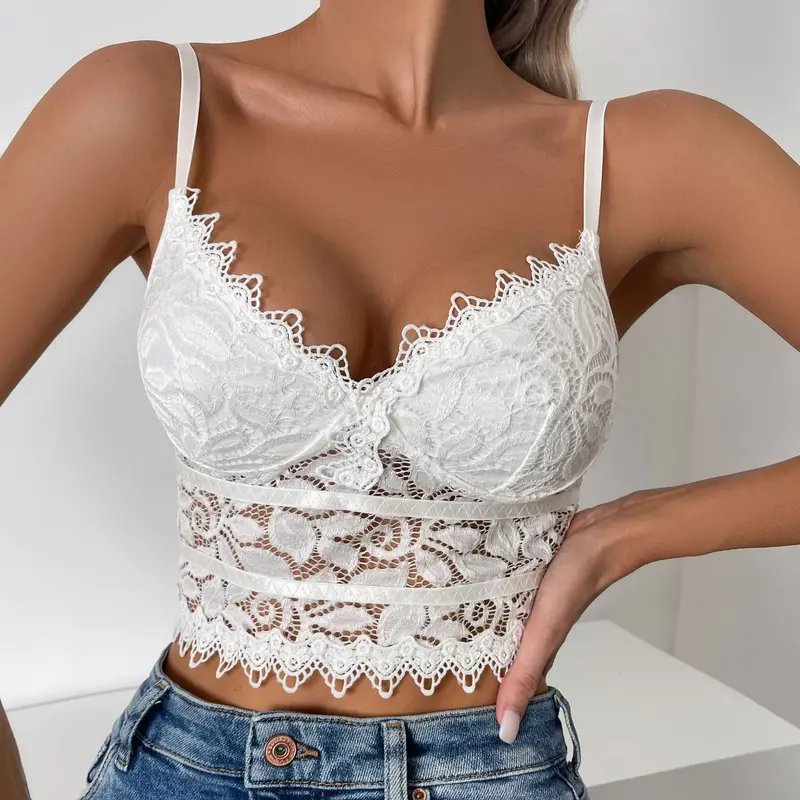 floral lace push up cami coeset contrast mesh hollow out crop top bra womens lingerie underwear details 1