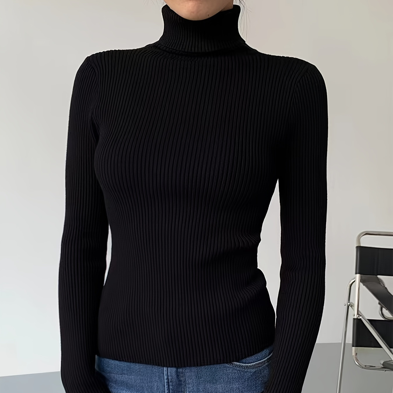

Women's Sweater Turtleneck Solid Ribbed Long Sleeve Slim Pullover Knit Tops