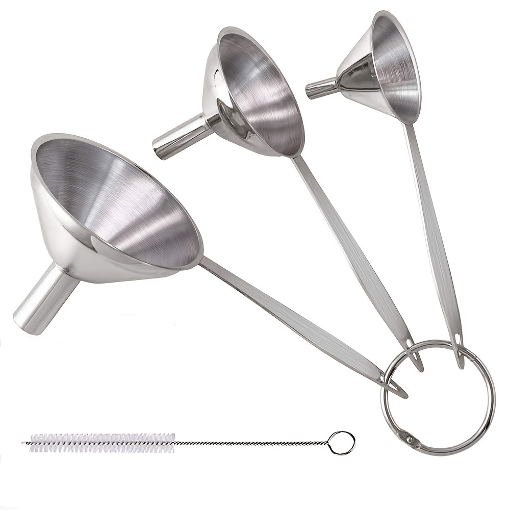 

304 Stainless Steel Funnels With Cleaning Brush, Set Of 4, Small Funnel Set For Transferring Essential Oils Liquid Fluid Spice Dry Ingredients Powder, Metal Funnels, Durable And Dishwasher Safe