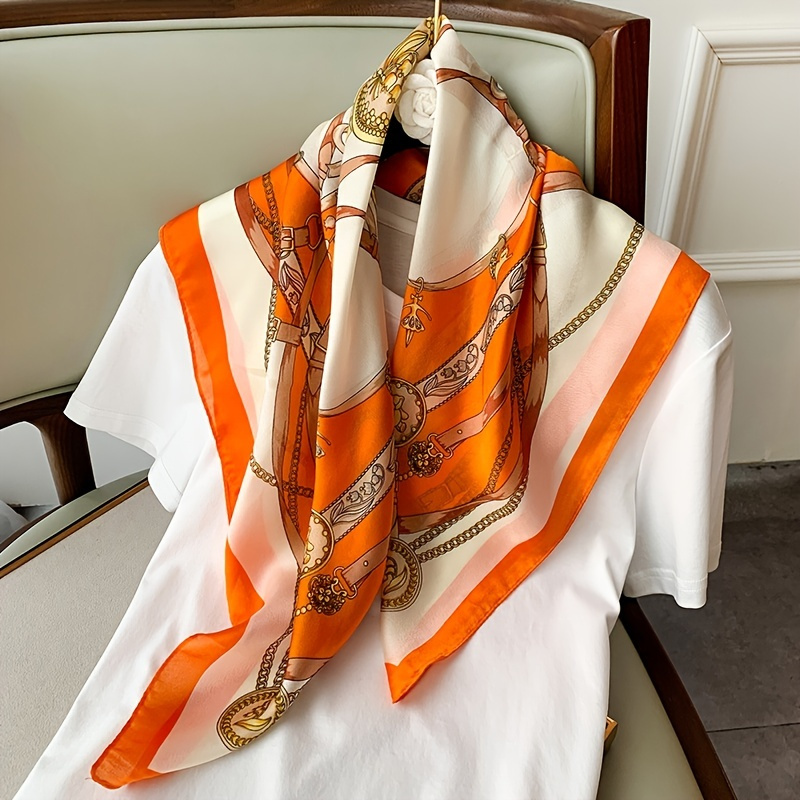 Orange Chain Print Bandana Vintage Satin Square Scarf Elegant Neckerchief  Casual Head Wrap Hair Accessories - Temu New Zealand