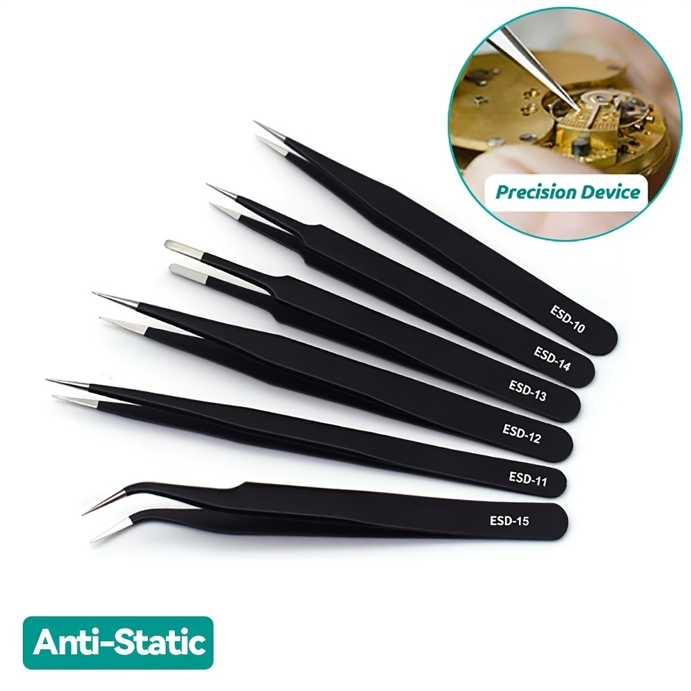 

6pcs Esd Anti-static Stainless Steel Tweezers - Precision Maintenance & Industrial Repair Curved Tools For Home Working & Model Making