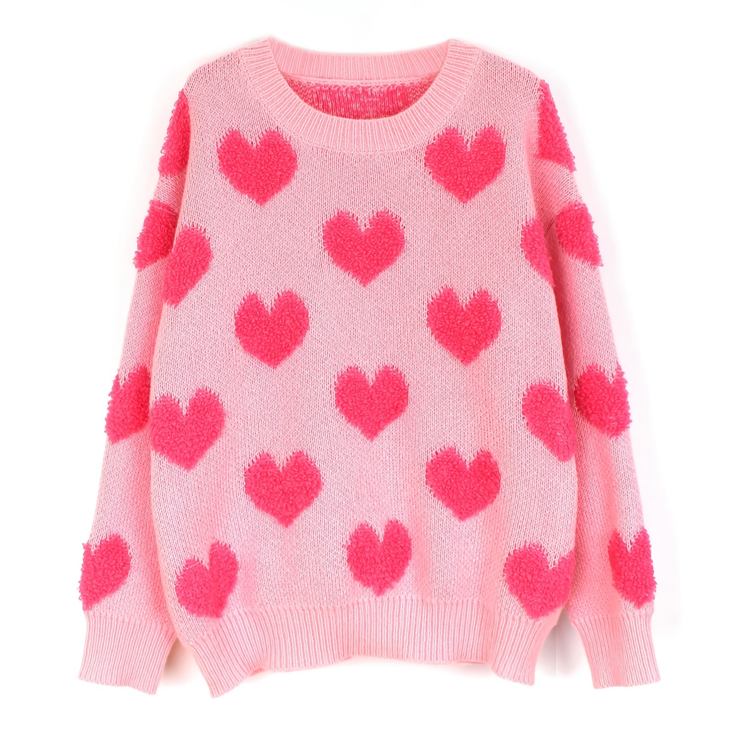 

Valentine's Day Heart Pattern Crew Neck Sweater, Casual Long Sleeve Loose Fall Winter Knit Sweater, Women's Clothing