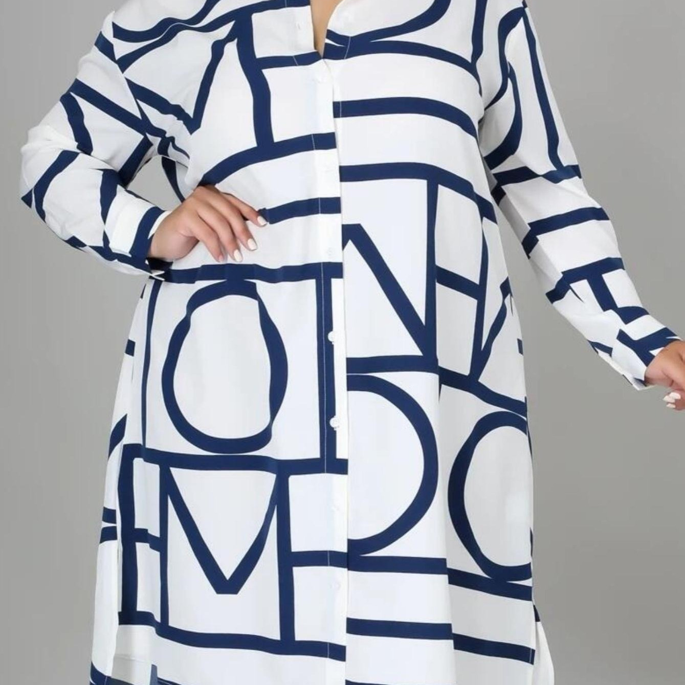 Geometric-pattern Lapel Long Sleeve Irregular Hem Shirt Dress For Women,  Plus Size Dress Single Breasted Loose Knee Length Dresses