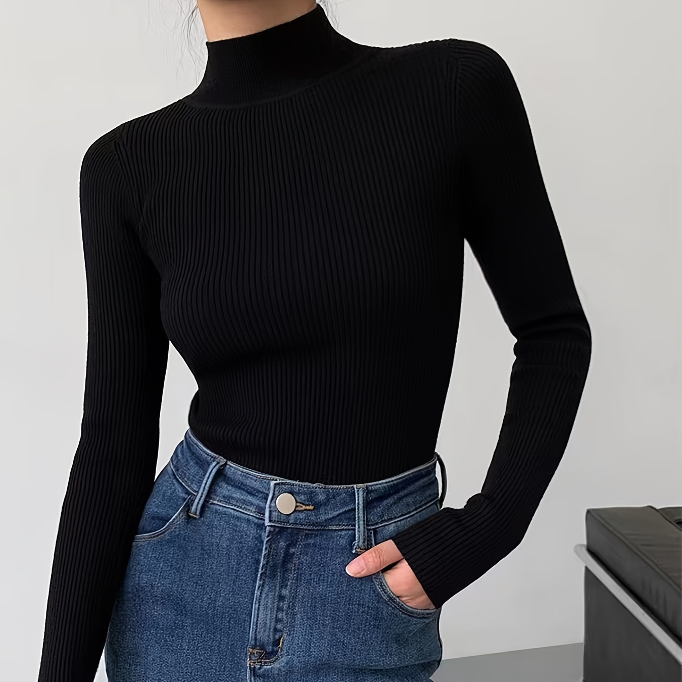 Solid Rib-knit Crew Neck Sweater, Women's Sweater Mock Neck Ribbed Long ...