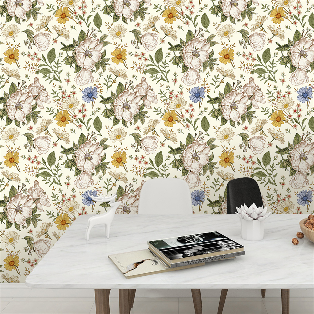 Floral Self Adhesive Wallpaper With Yellow Background - Temu