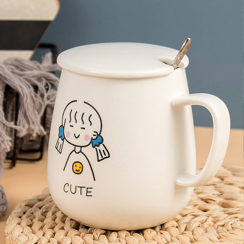 1pc 450ml Cute Coffee Mug For Girls With Lid & Spoon Ceramic Milk Breakfast  Cup, Cartoon Couple Mark Cup For Home Use