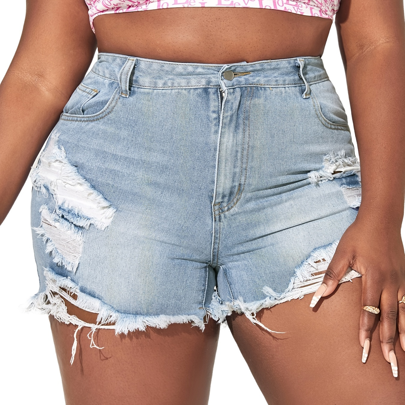 Plus Size Ripped High Rise Button Fly Denim Shorts Womens Plus Non Stretch Solid Jean Shorts