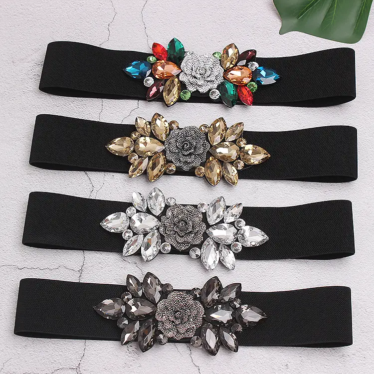 flower beaded elastic cummerbunds female dress corsets waistband belts decoration wide belt details 1