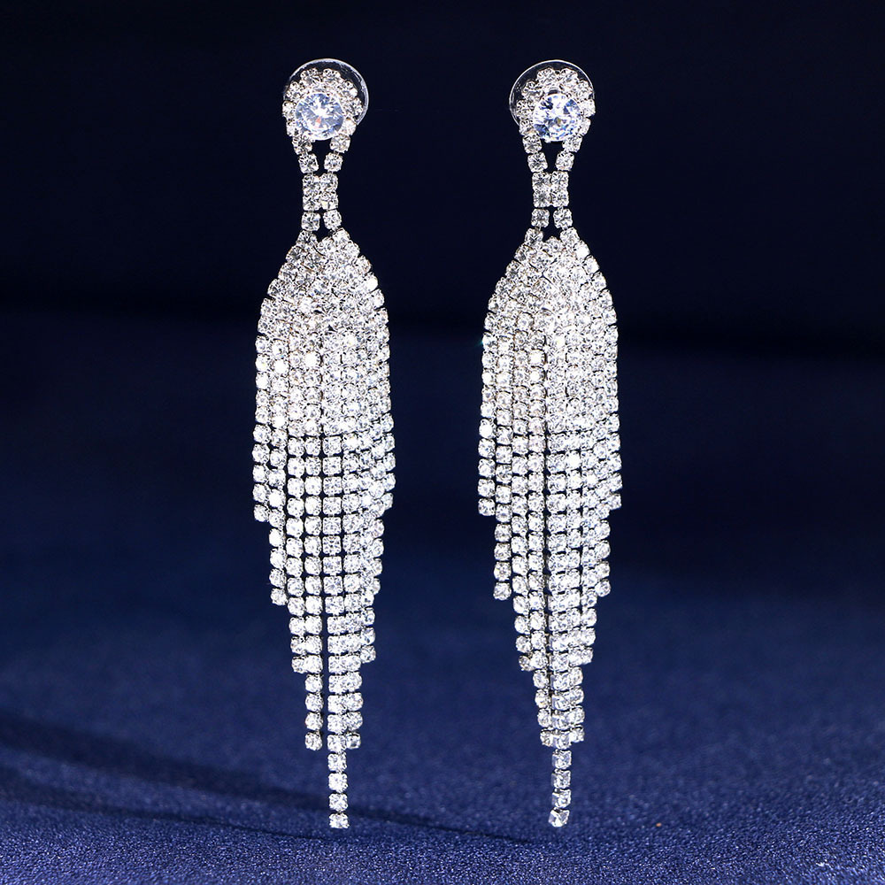 Sparkling Rhinestone Crystal Chandelier Earrings Long Tassels Dangle ...