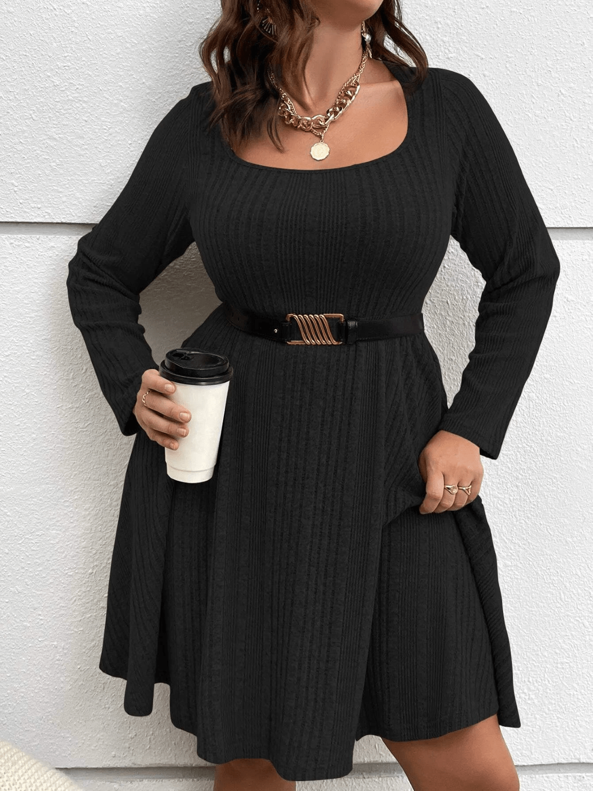 Plus Size Rib Knit Solid Round Neck Long Sleeve Midi Dress - Temu