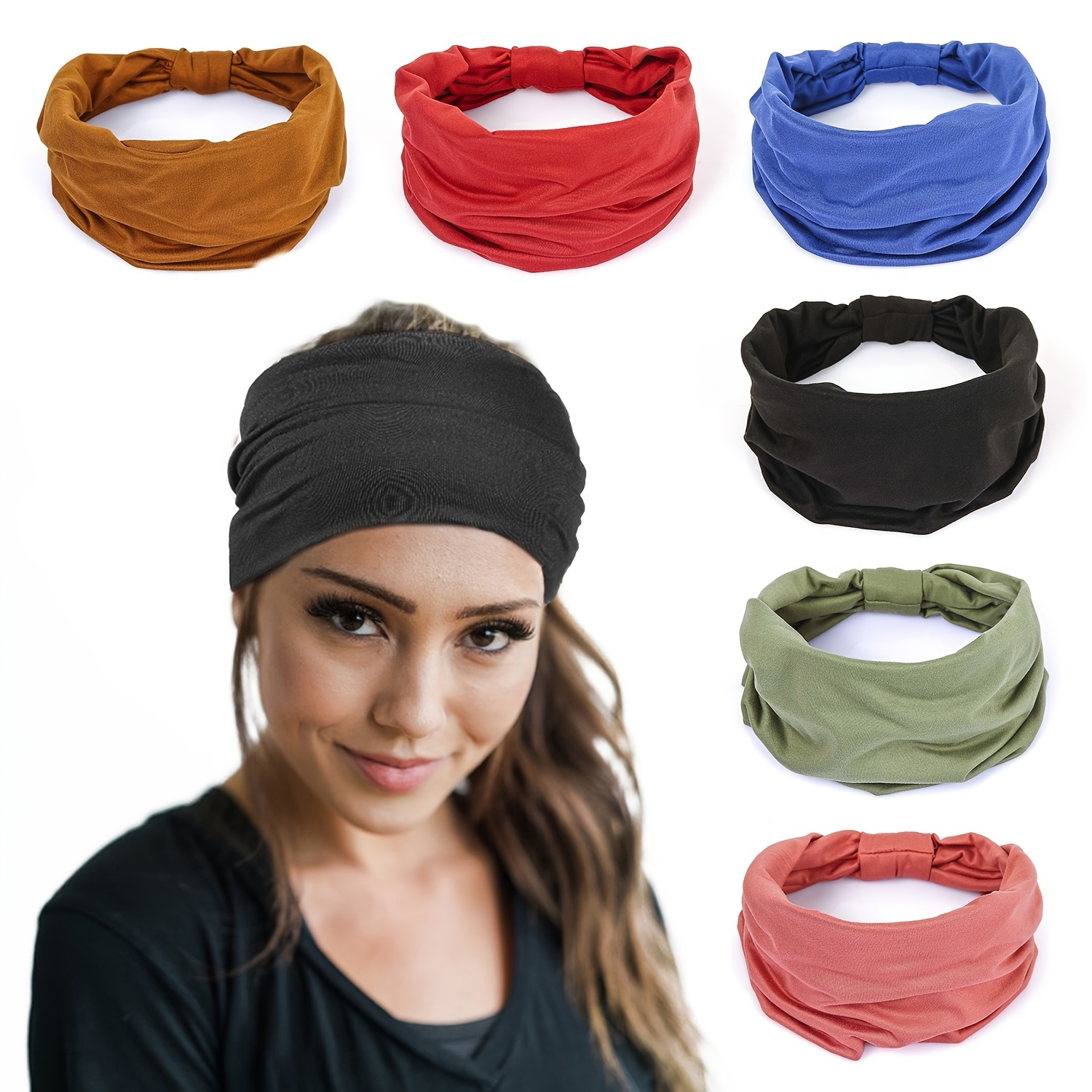 

6pcs Wide Headbands For Women Non Slip Soft Elastic Hair Bands Yoga Running Sports Workout Gym Head Wraps, Knotted Cotton Cloth African Turbans Bandana