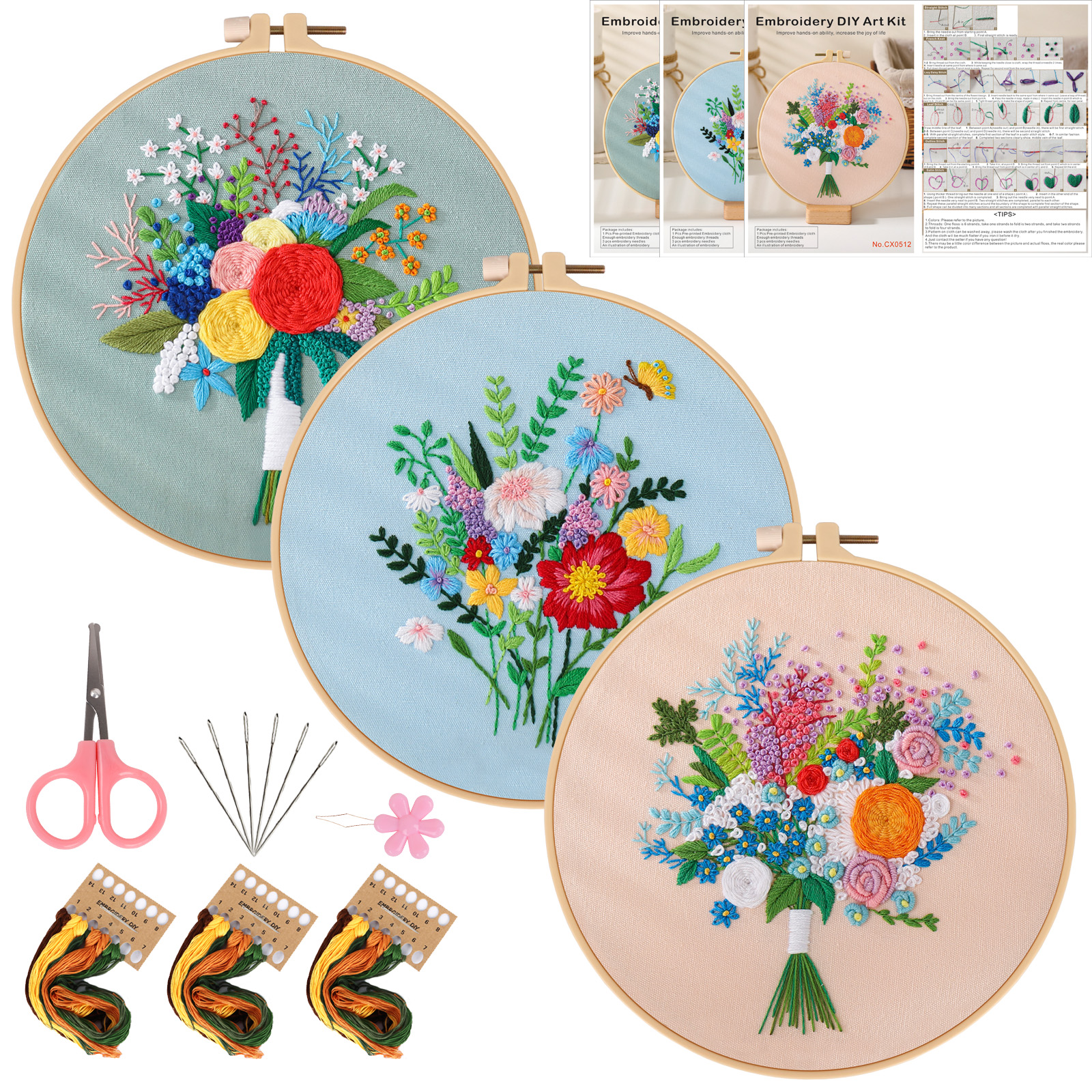 3pcs/set Embroidery Kit, Flower Bouquet Pattern, Including 1 Embroidery Hoop 7.9 Inch, DIY Knitting & Crochet Gift